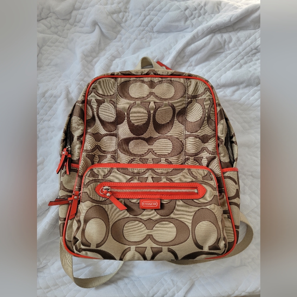 Coach Tan and Orange Daisy Signature Backpack